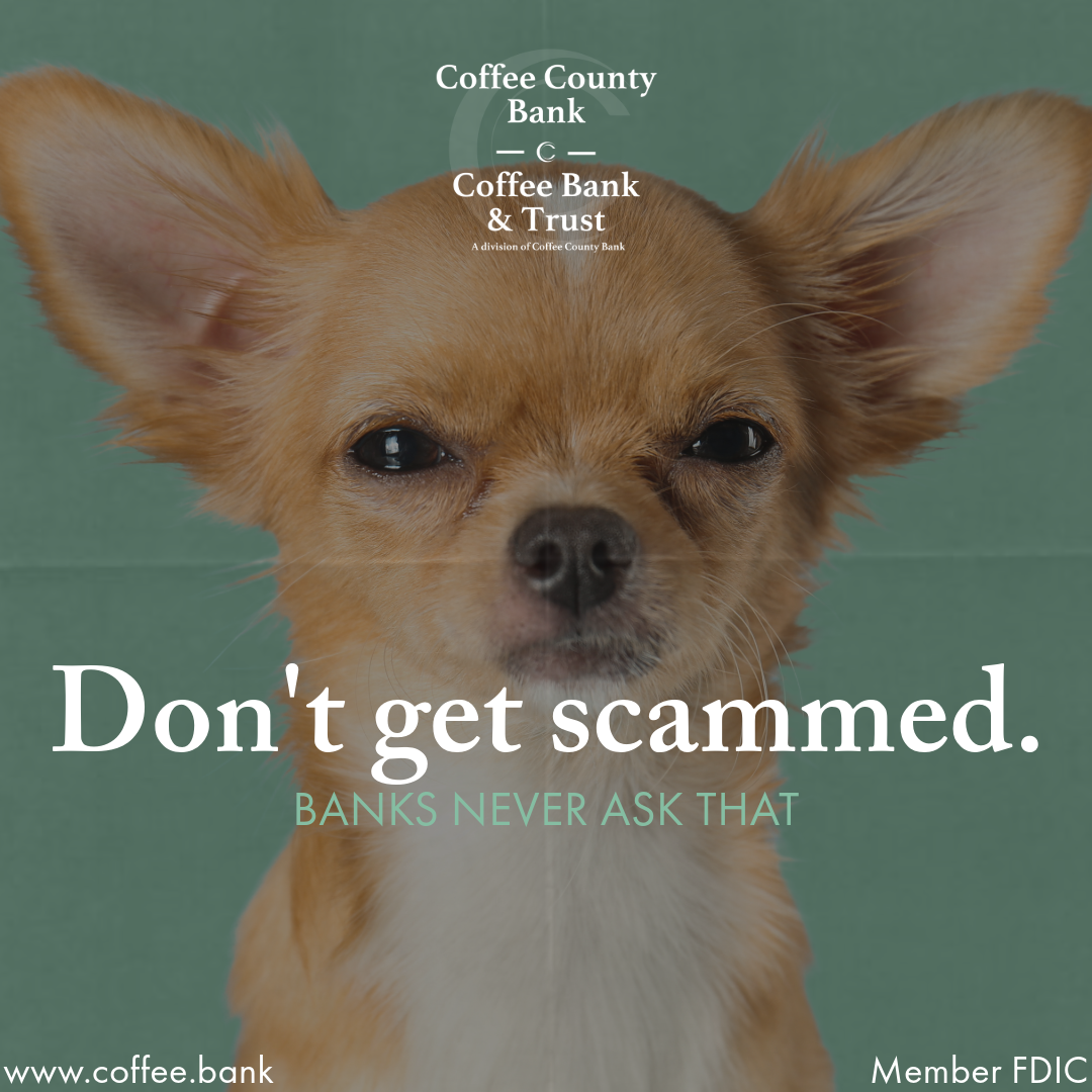 Suspicious dog is backdrop for Coffee County Bank fraud alert graphic which reads, "Don't get scammed. Banks never ask that."