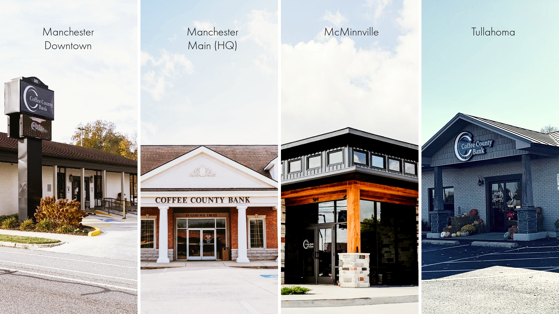Coffee County Bank and Coffee Bank & Trust locations, including: Manchester, McMinnville and Tullahoma offices.